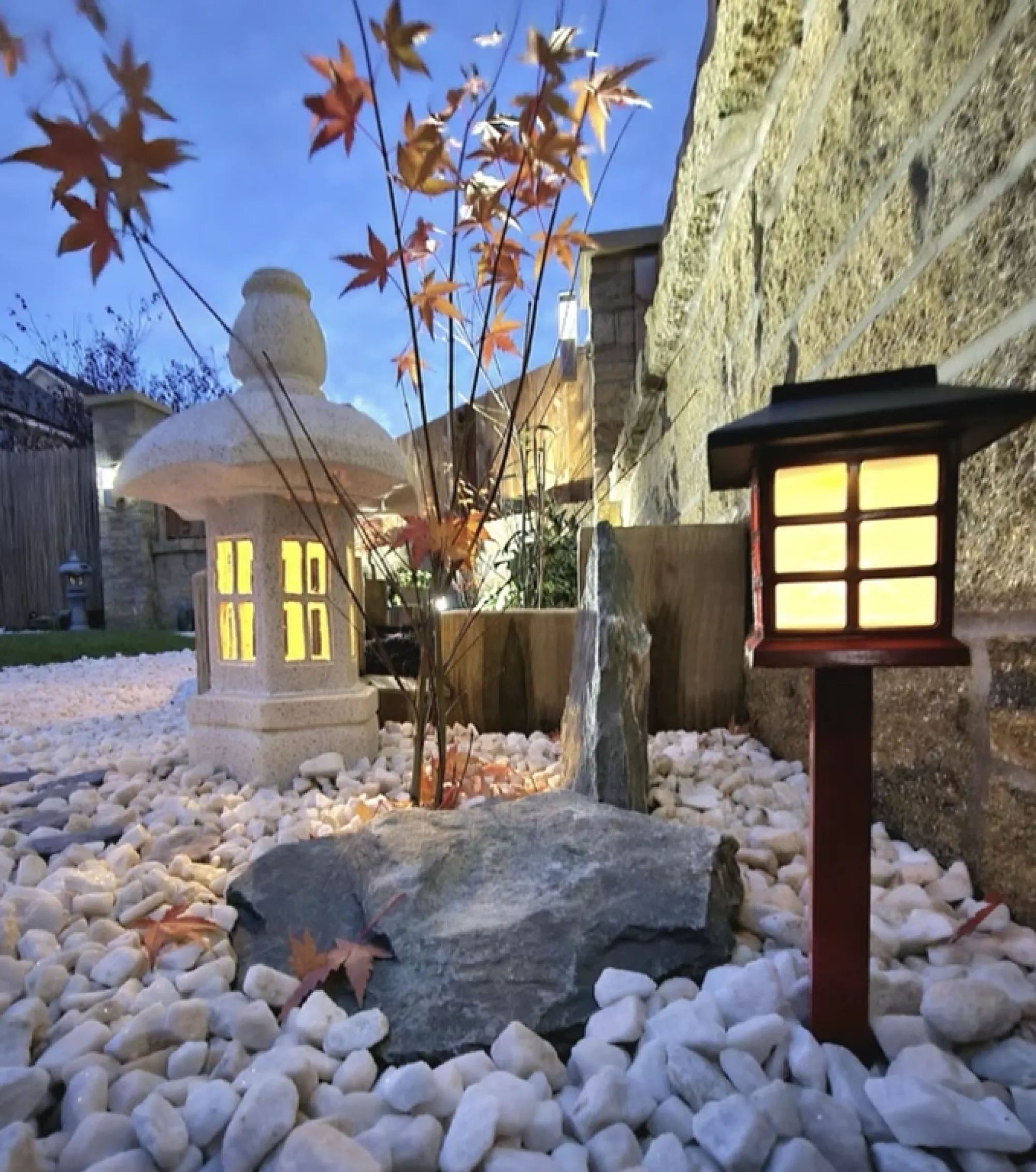 An illuminated Japanese-style garden feature at dusk, showcasing a stone lantern, white pebbles, large rocks, and a red maple tree.