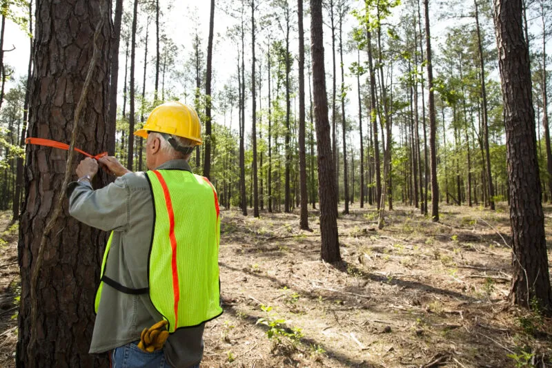 Forester or builder marking trees with orange ribbon.