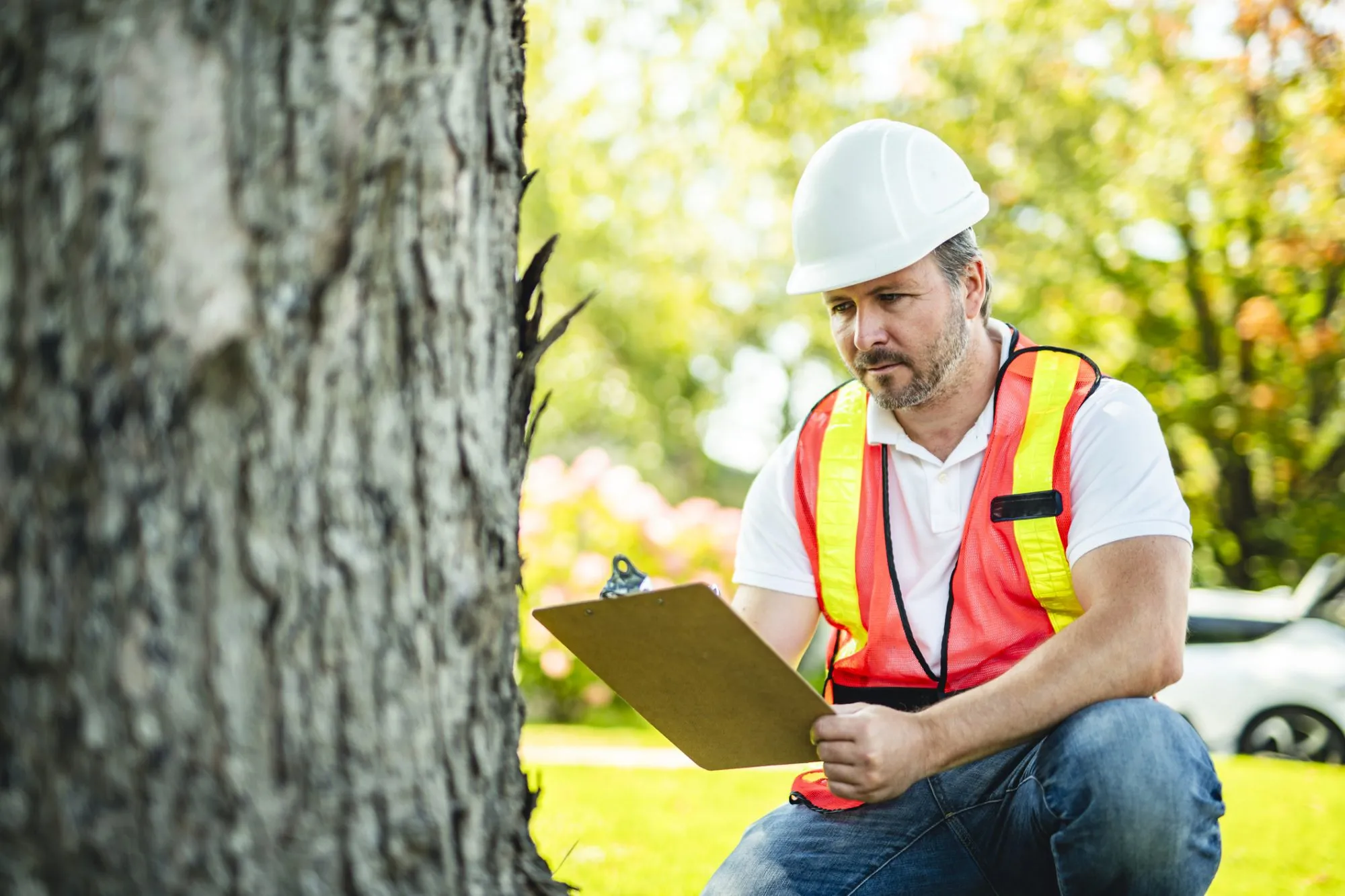 man holding a clipboard, inspect tree